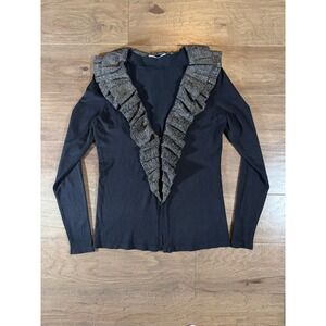 Tahari Womens Black Metallic Ruffle Collar Cardigan‎ Sweater V-Neck Small